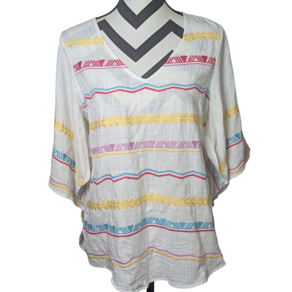Savanna Jane Embroidered White Tunic Blouse Small S Colorful Boho Top